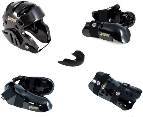 Proforce Lightning Sparring Gear Set Martial Arts Karate Headgear Gloves Shoes Shin Guards (Black)