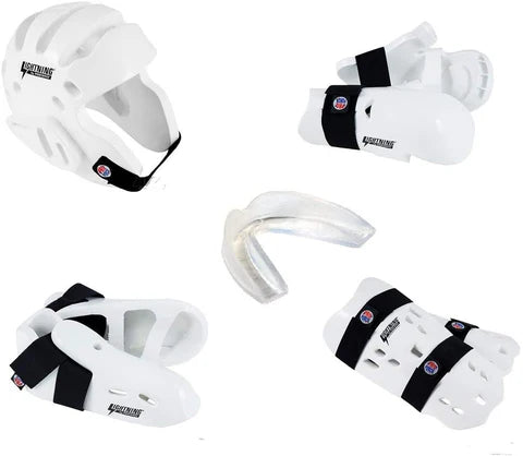 Proforce Lightning Sparring Gear Set Martial Arts Karate Headgear Gloves Shoes Shin Guards (White)