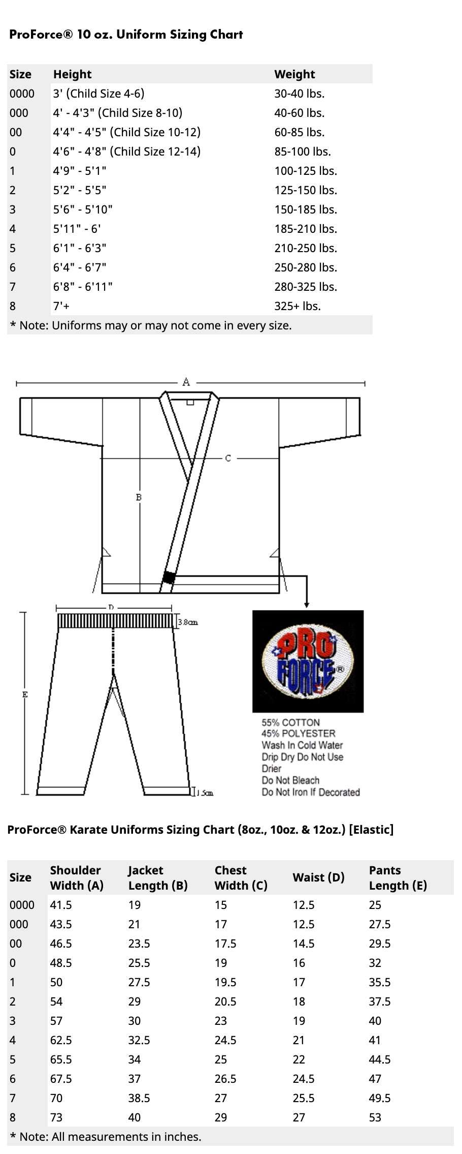 Proforce Karate Uniform (Elastic Drawstring) 10oz. 100% Cotton