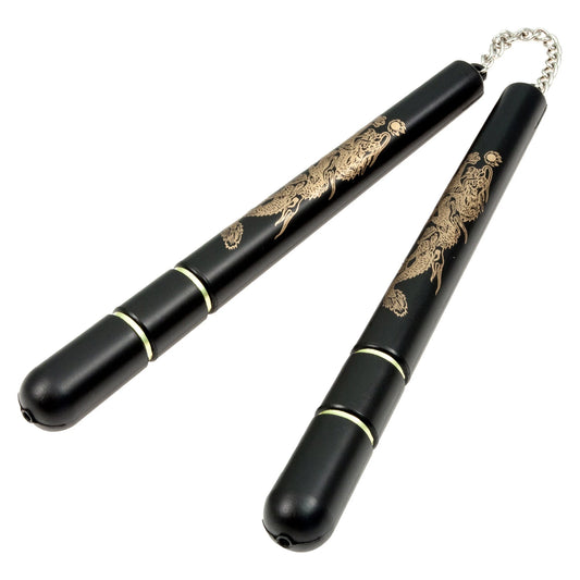 Round Plastic Nunchaku Nunchucks with Dragon - Black 12"