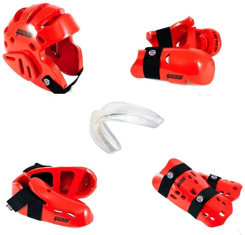 Proforce Lightning Sparring Gear Set Martial Arts Karate Headgear Gloves Shoes Shin Guards (Red)